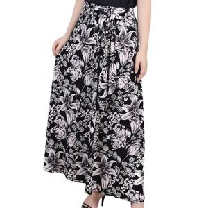 NY Collection Maxi Sash Waist Tie Black White Floral Skirt Womens PL